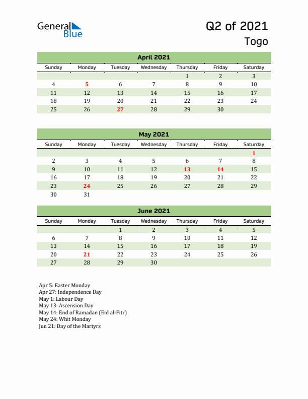 Quarterly Calendar 2021 with Togo Holidays