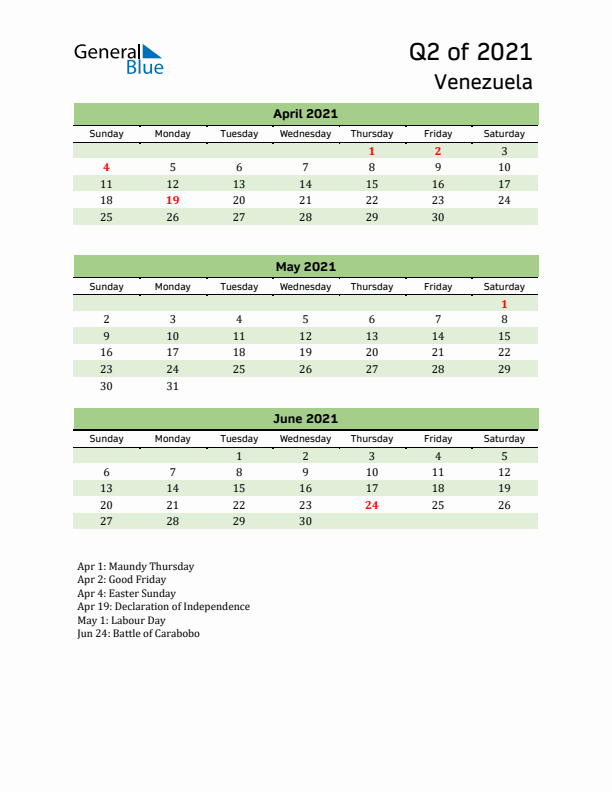 Quarterly Calendar 2021 with Venezuela Holidays