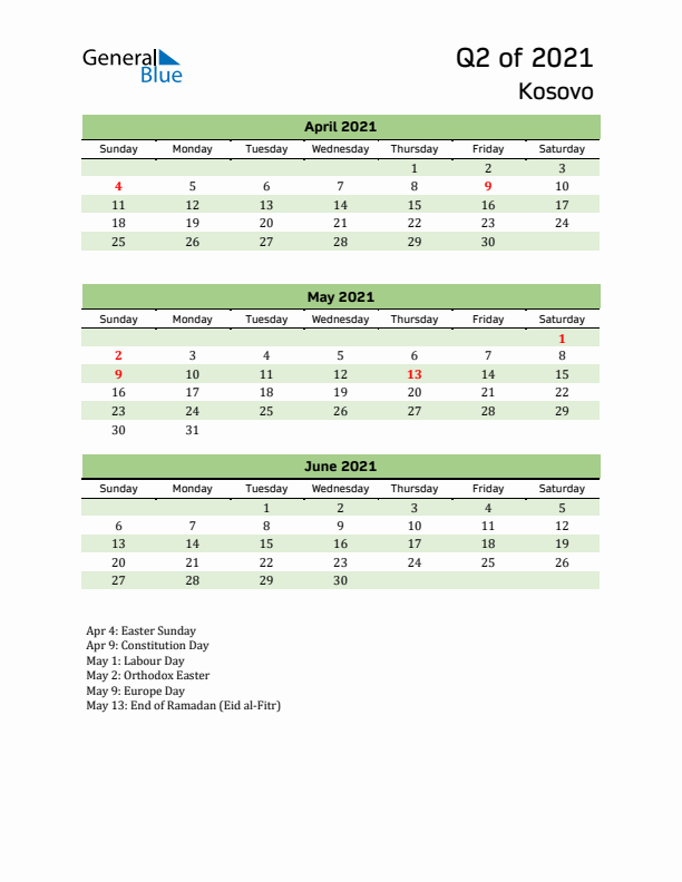 Quarterly Calendar 2021 with Kosovo Holidays