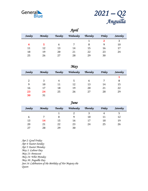  April, May, and June Calendar for Anguilla
