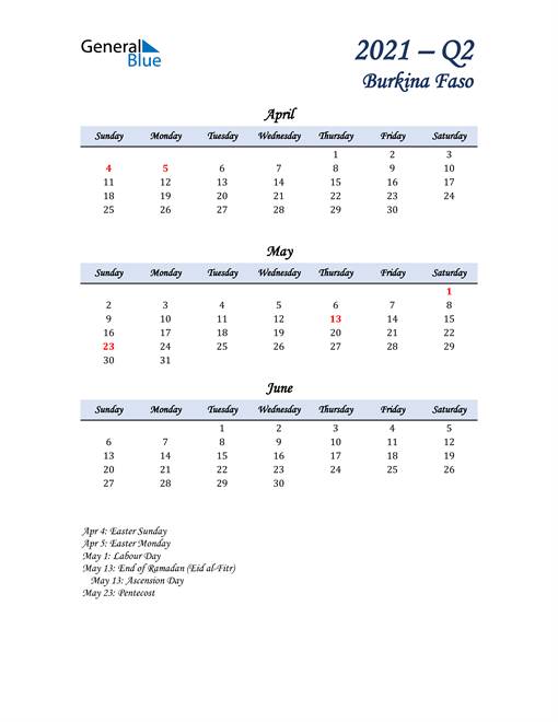  April, May, and June Calendar for Burkina Faso