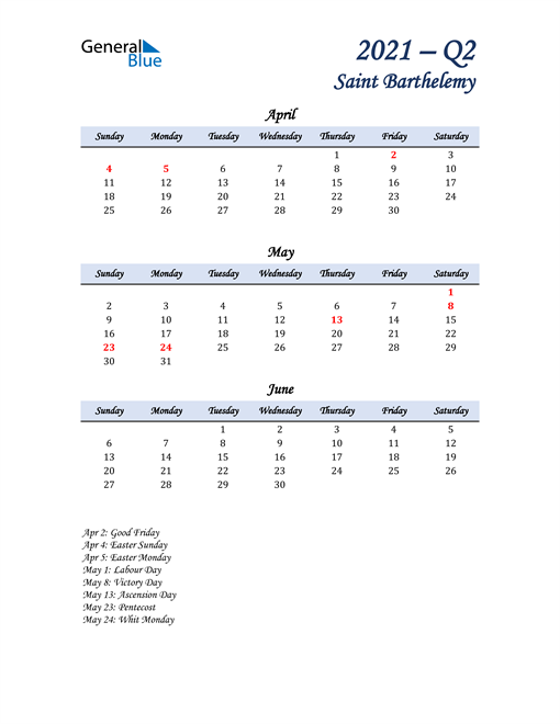  April, May, and June Calendar for Saint Barthelemy