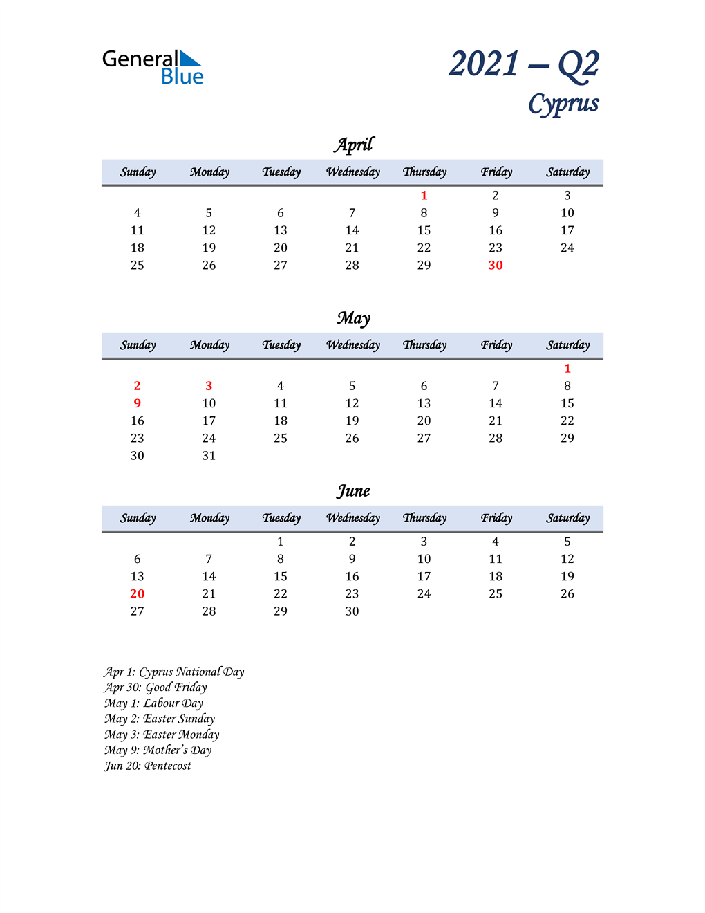  April, May, and June Calendar for Cyprus