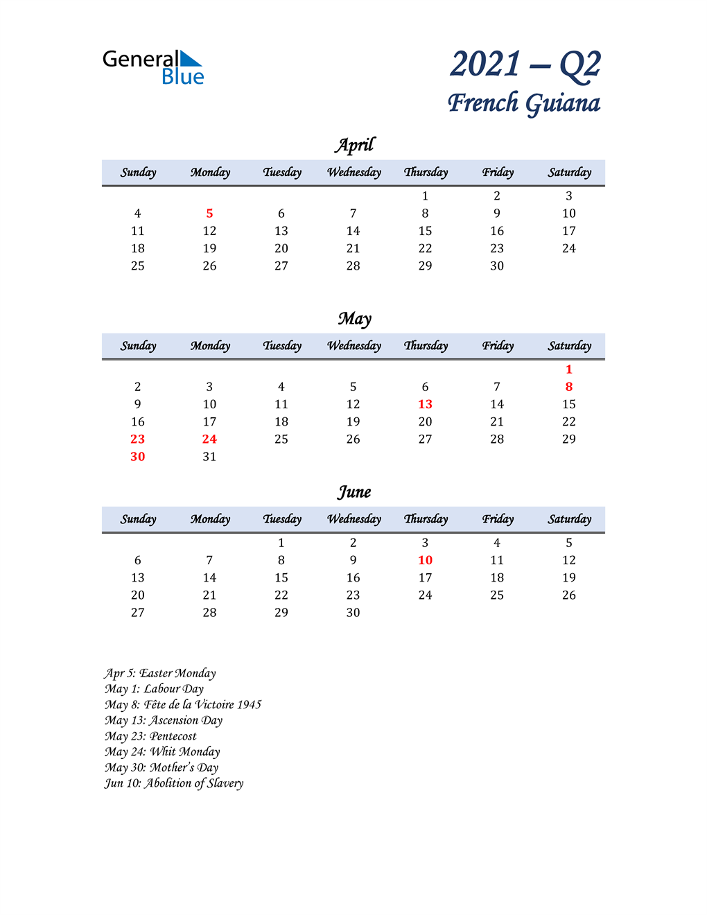  April, May, and June Calendar for French Guiana