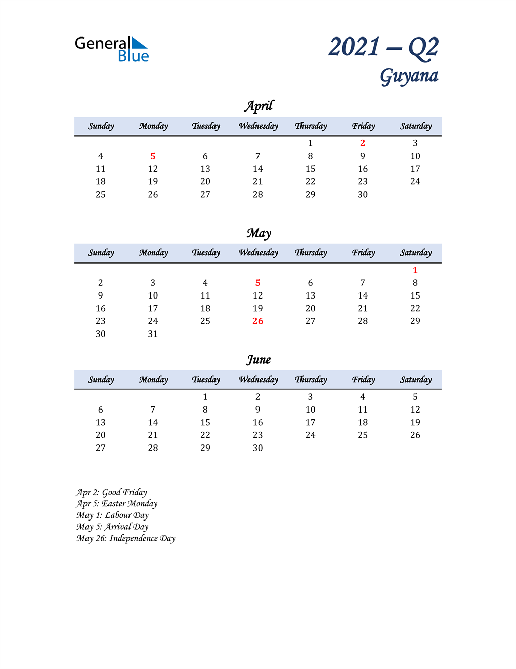  April, May, and June Calendar for Guyana