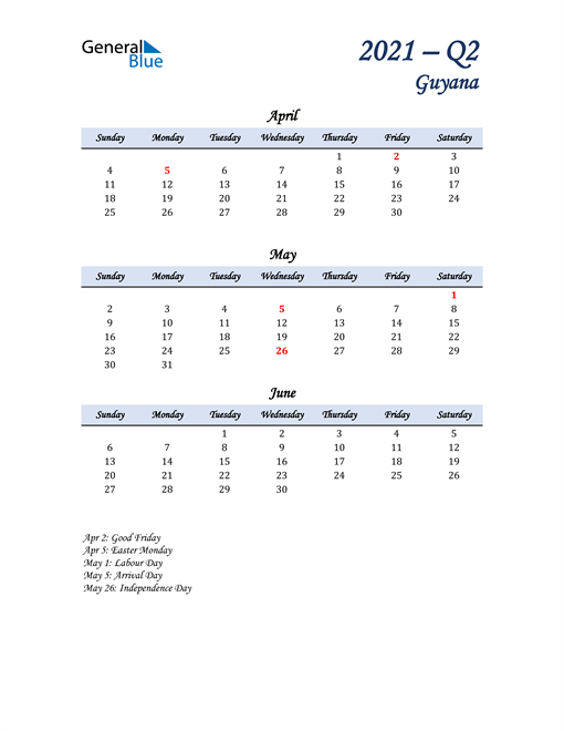 April, May, and June Calendar for Guyana