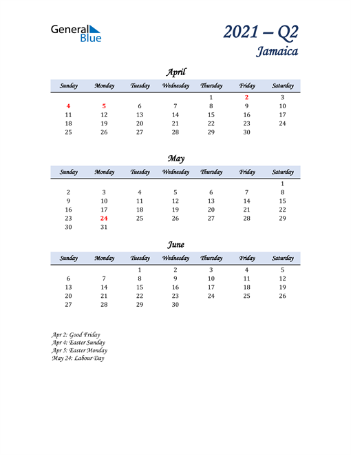  April, May, and June Calendar for Jamaica
