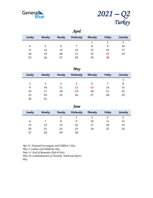  April, May, and June Calendar for Turkey
