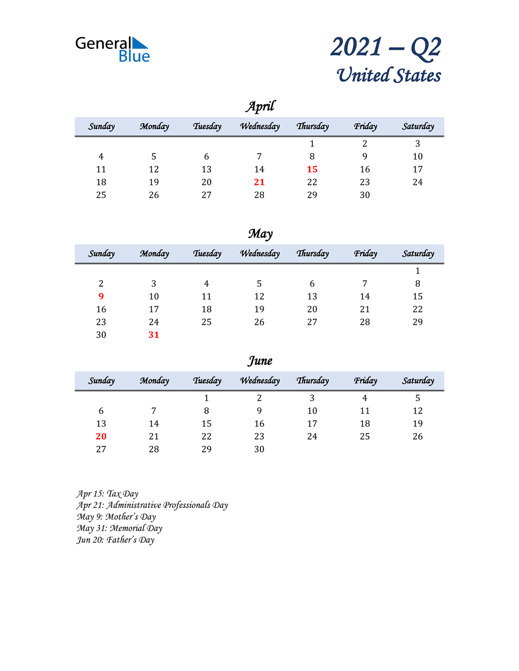  April, May, and June Calendar for United States