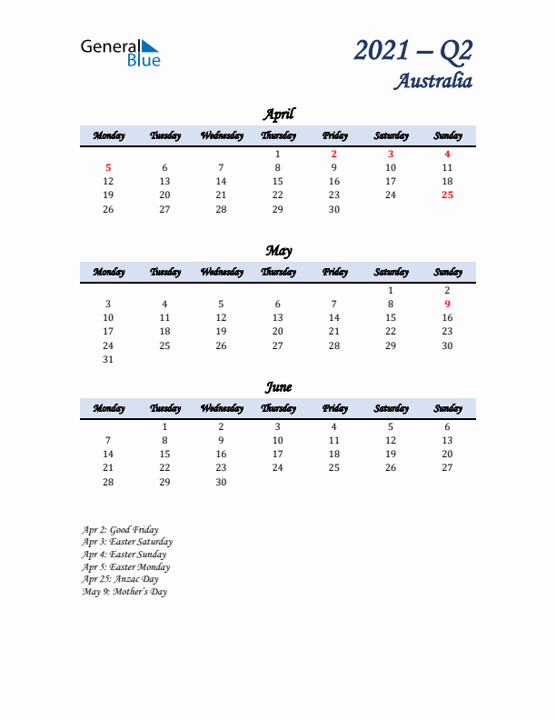 April, May, and June Calendar for Australia with Monday Start