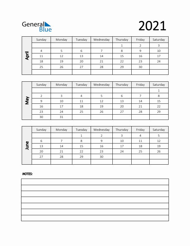 Q2 2021 Calendar with Notes