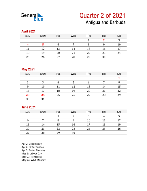  Printable Three Month Calendar for Antigua and Barbuda