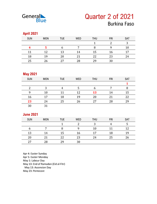  Printable Three Month Calendar for Burkina Faso