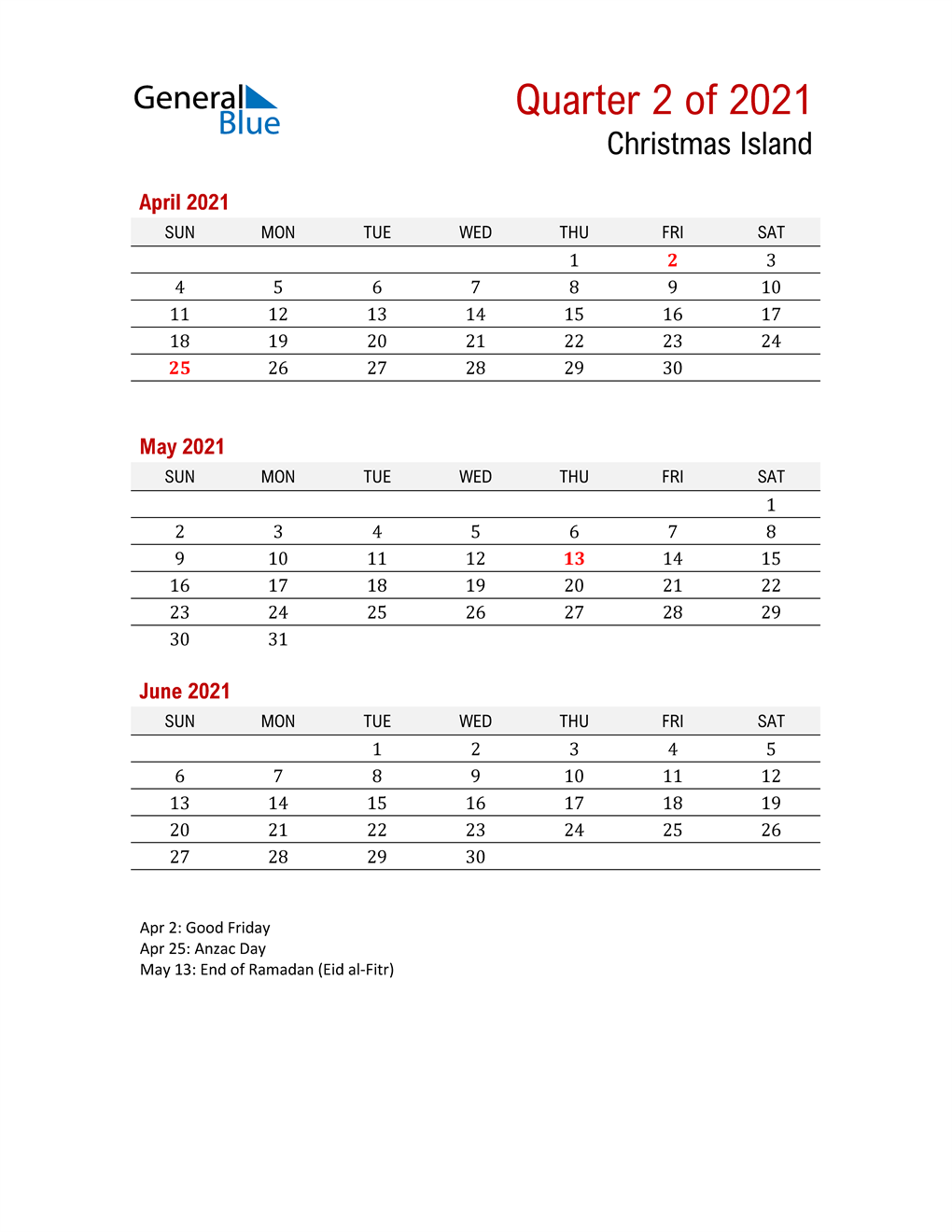  Printable Three Month Calendar for Christmas Island