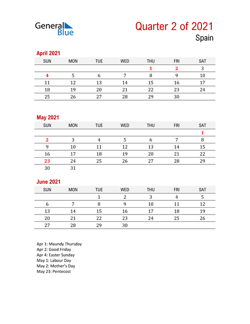 Printable Three Month Calendar for Spain