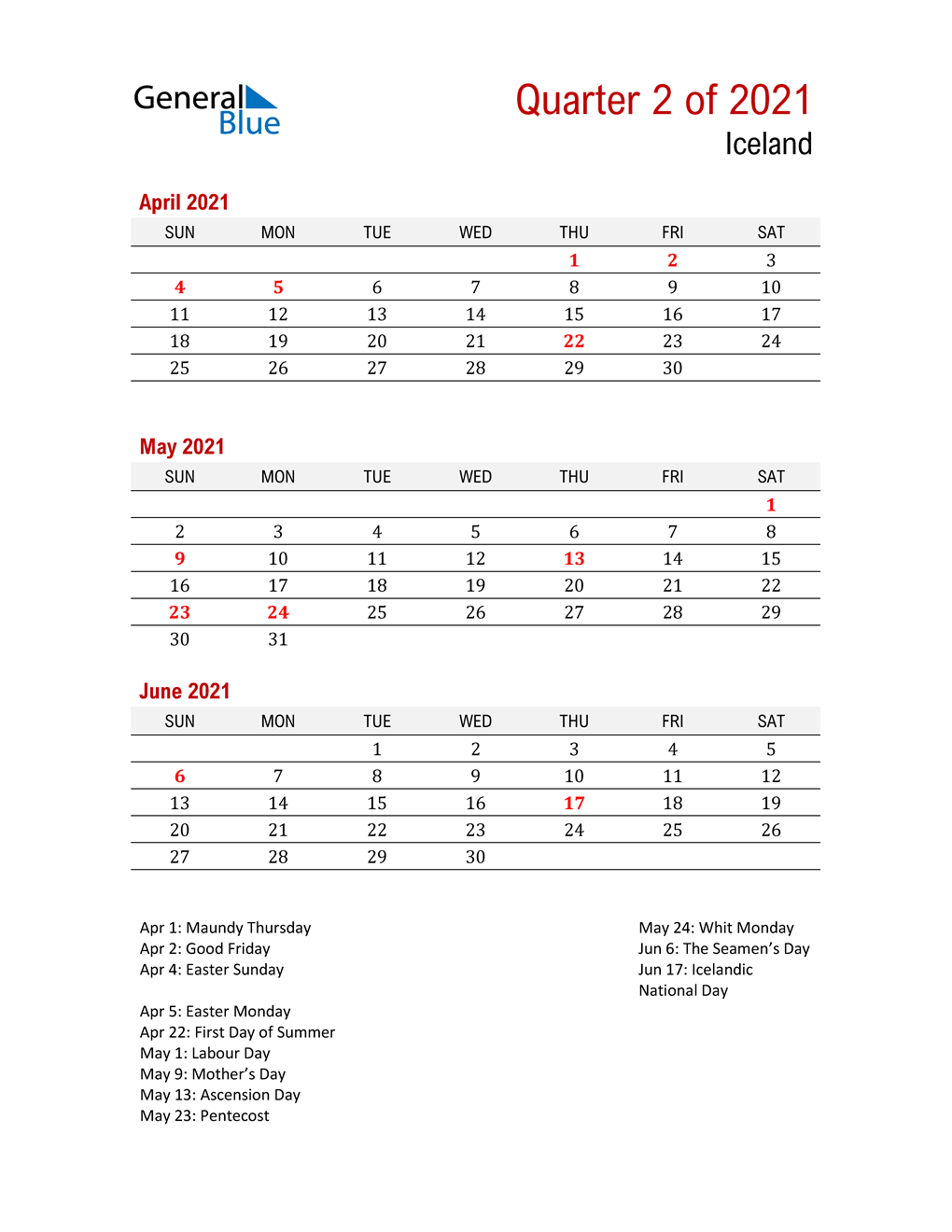  Printable Three Month Calendar for Iceland