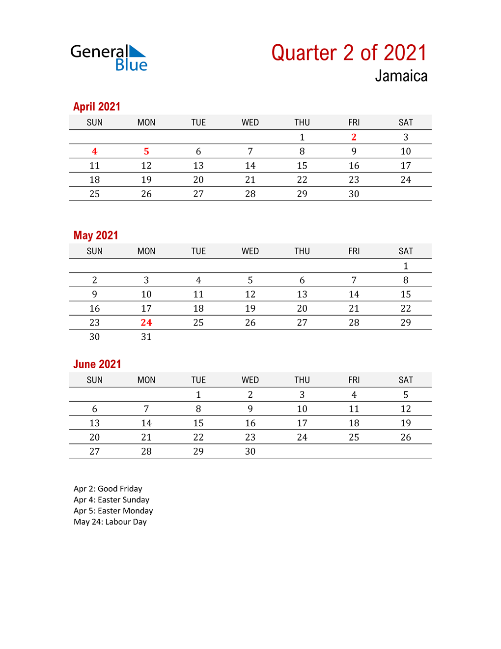  Printable Three Month Calendar for Jamaica