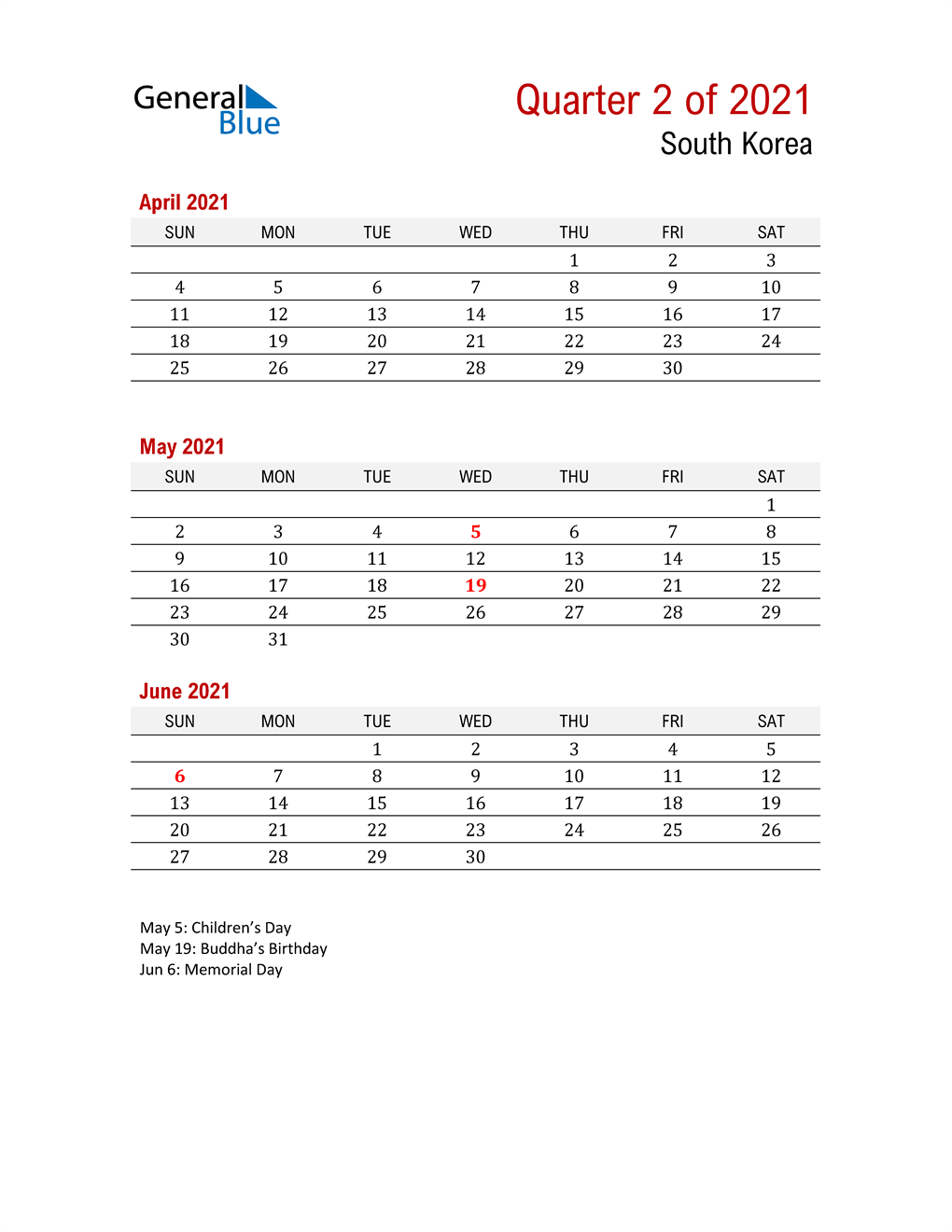  Printable Three Month Calendar for South Korea