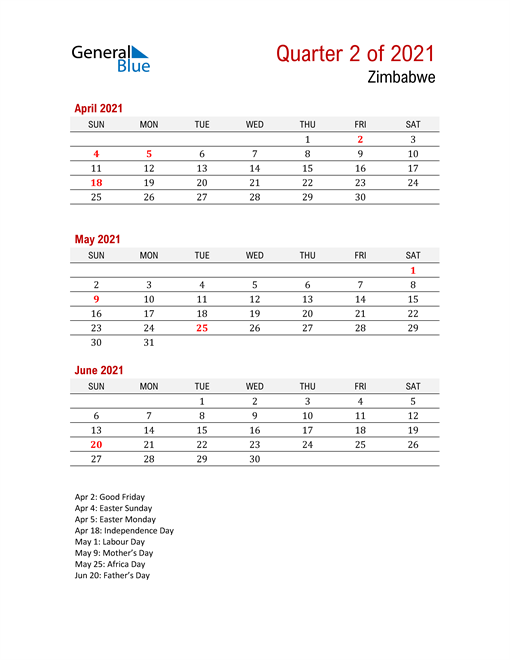  Printable Three Month Calendar for Zimbabwe
