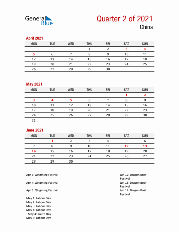 Printable Three Month Calendar with China Holidays