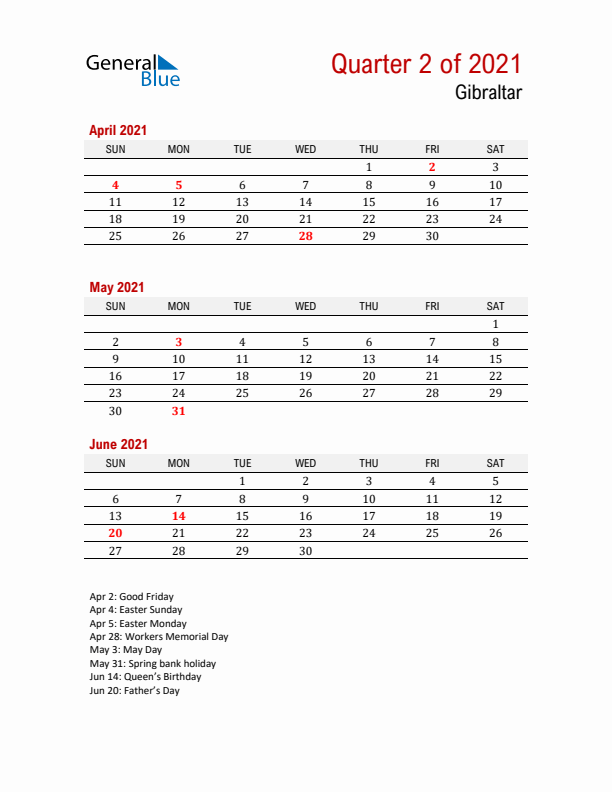 Printable Three Month Calendar with Gibraltar Holidays