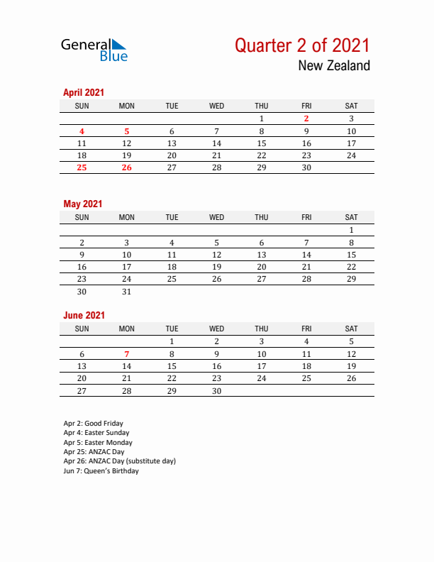 Printable Three Month Calendar with New Zealand Holidays