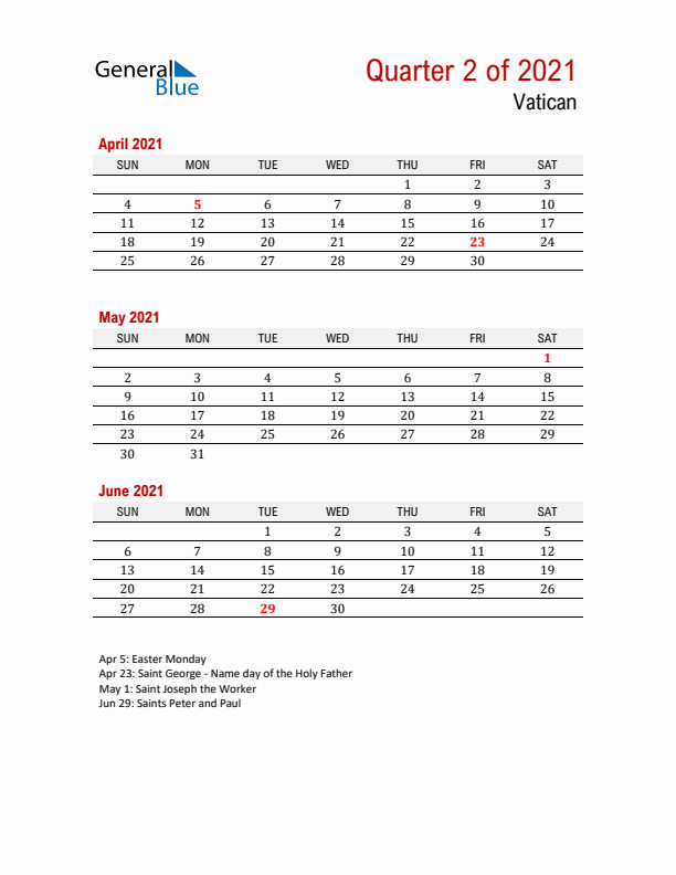 Printable Three Month Calendar with Vatican Holidays