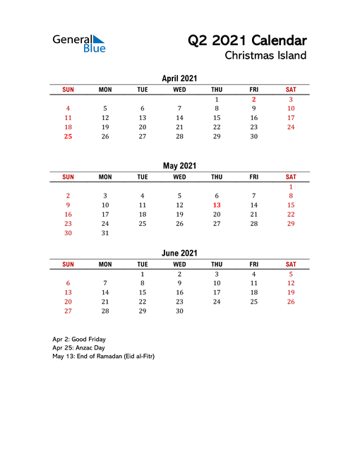  2021 Q2 Calendar with Holidays List
