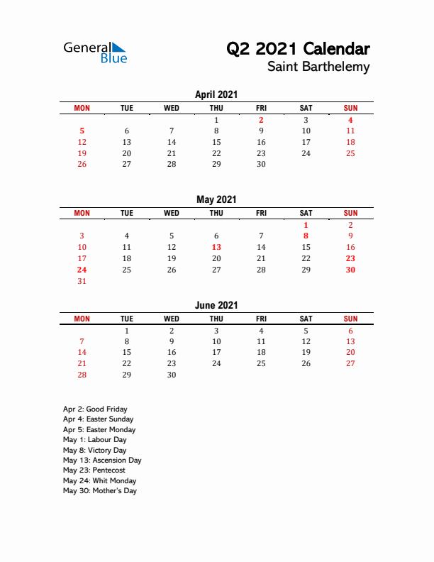 2021 Q2 Calendar with Holidays List for Saint Barthelemy