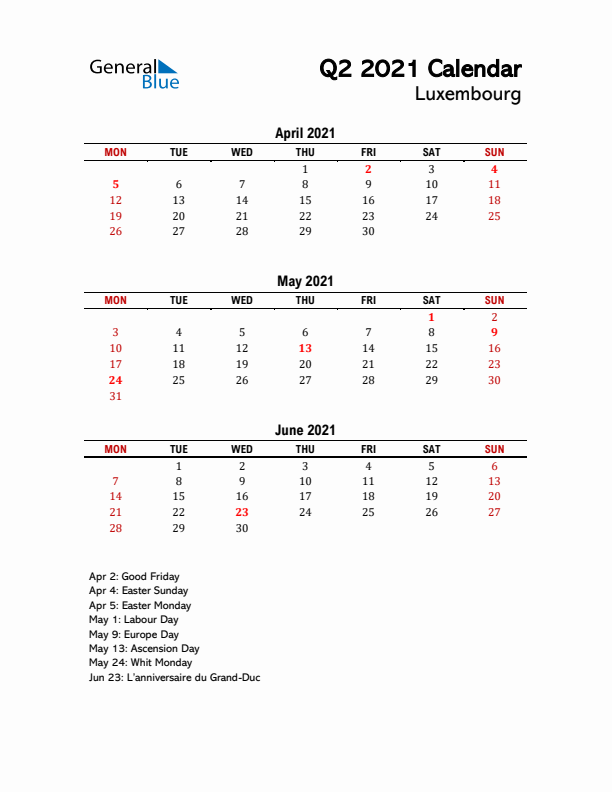 2021 Q2 Calendar with Holidays List for Luxembourg