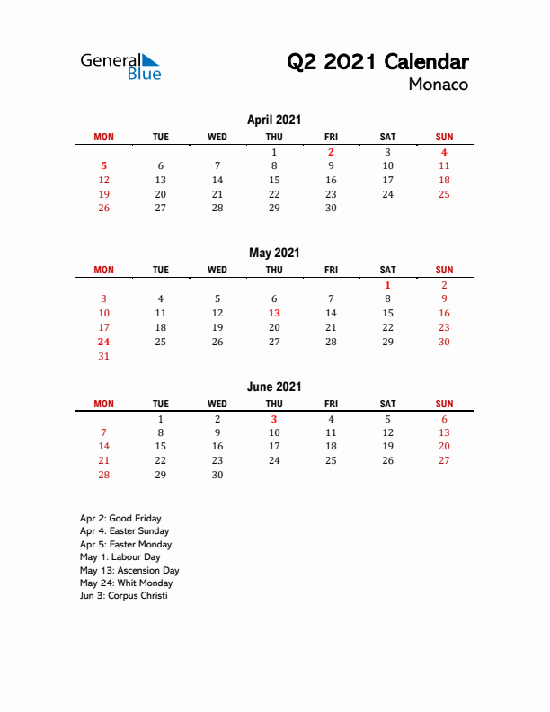 2021 Q2 Calendar with Holidays List for Monaco