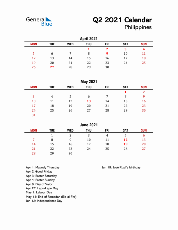 2021 Q2 Calendar with Holidays List for Philippines