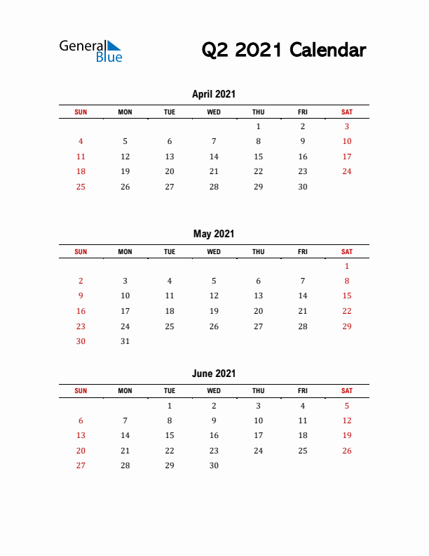 2021 Q2 Calendar with Red Weekend