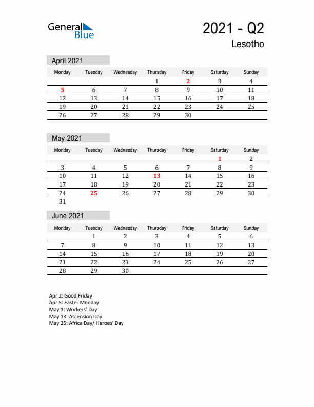 Lesotho Quarter 2 2021 Calendar with Holidays