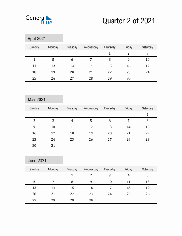 April, May, and June Calendar 2021