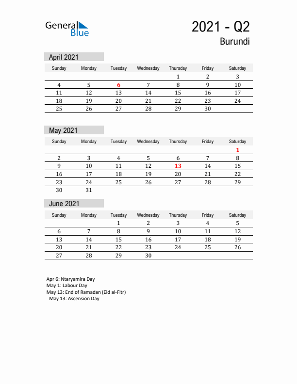 Burundi Quarter 2 2021 Calendar with Holidays