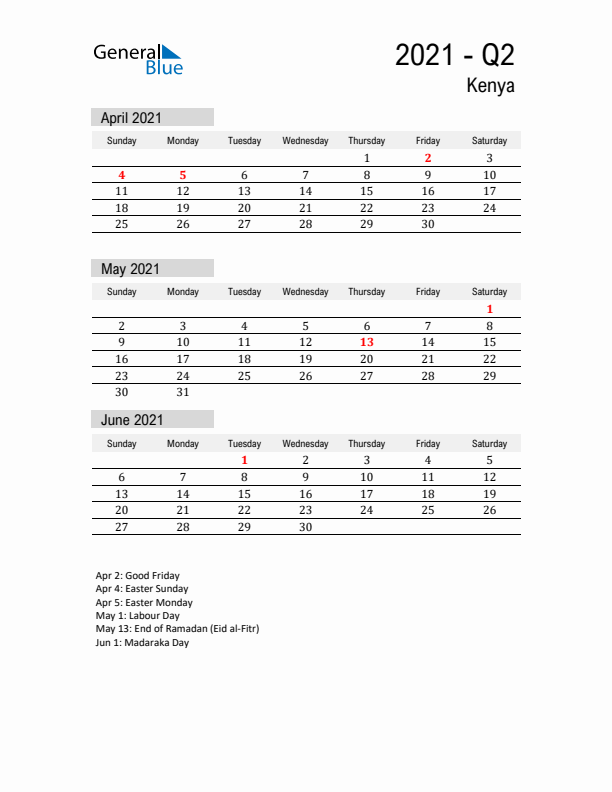 Kenya Quarter 2 2021 Calendar with Holidays