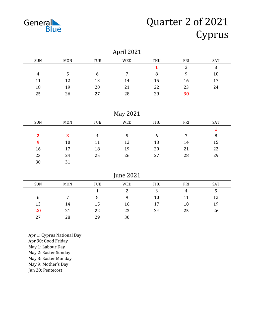  2021 Cyprus Quarterly Calendar