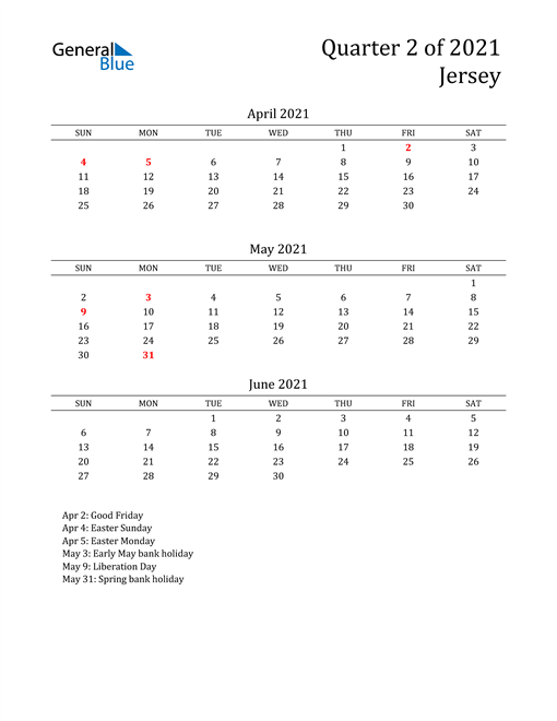  2021 Jersey Quarterly Calendar