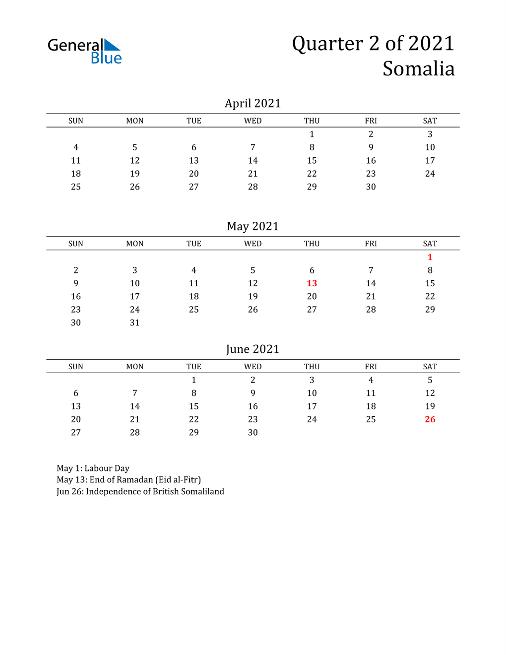  2021 Somalia Quarterly Calendar