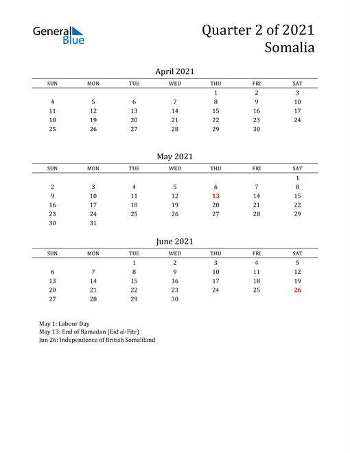  2021 Somalia Quarterly Calendar