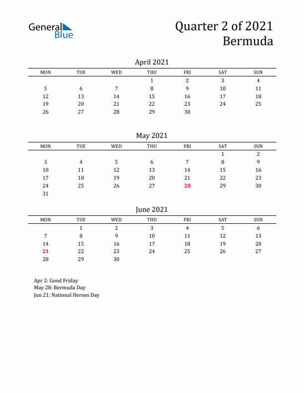 Quarter 2 2021 Bermuda Quarterly Calendar