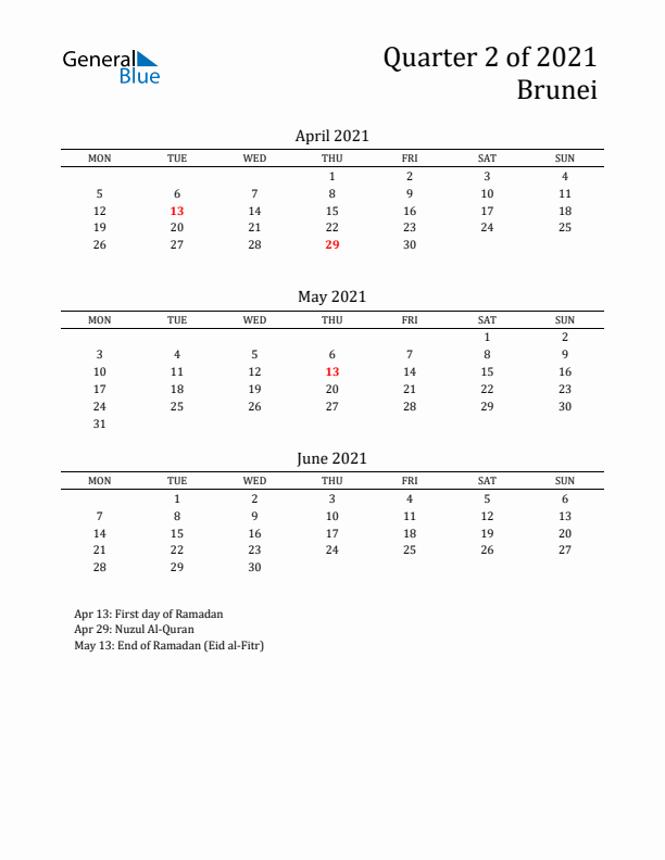 Quarter 2 2021 Brunei Quarterly Calendar