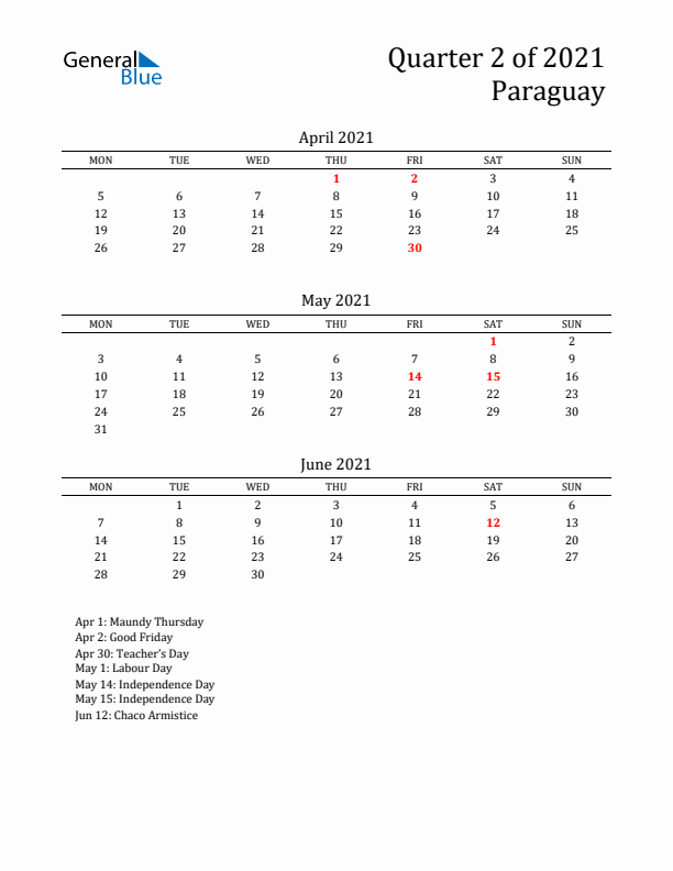Quarter 2 2021 Paraguay Quarterly Calendar