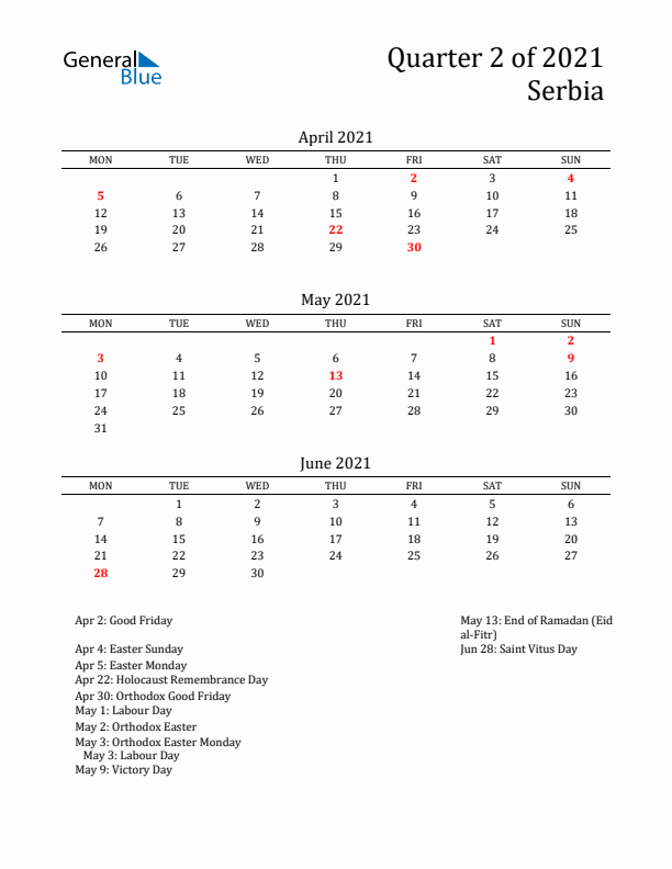 Quarter 2 2021 Serbia Quarterly Calendar