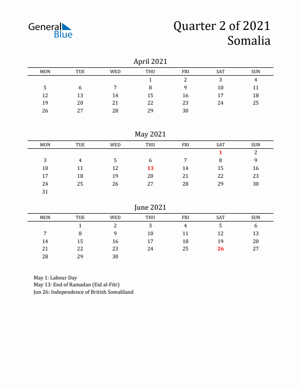 Quarter 2 2021 Somalia Quarterly Calendar