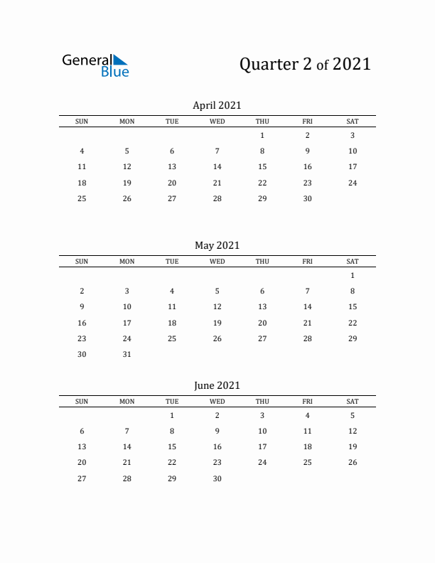 2021 Three-Month Calendar with Sunday Start - Quarter 2