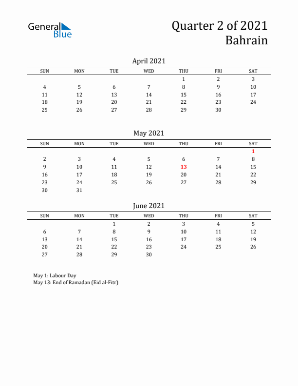 Quarter 2 2021 Bahrain Quarterly Calendar