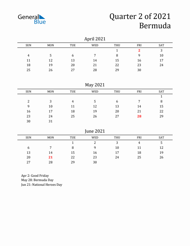 Quarter 2 2021 Bermuda Quarterly Calendar