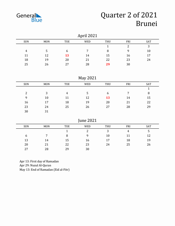 Quarter 2 2021 Brunei Quarterly Calendar